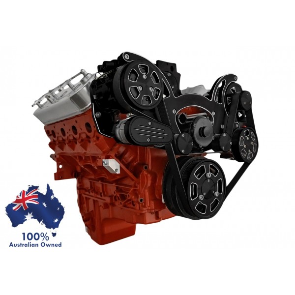 GM HOLDEN CHEVY LS 1,2,3 AND 6 ENGINE SERPENTINE KIT - AC AIR COMPRESSOR, ALTERNATOR & POWER STEERING PULLEY AND BRACKETS BLACK DIAMOND FINISH SUIT ELECTRIC WATER PUMP MID MOUNT